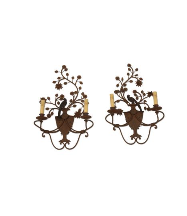 Cayen Collection A pair of iron and tole two light wall sconces, 20th century