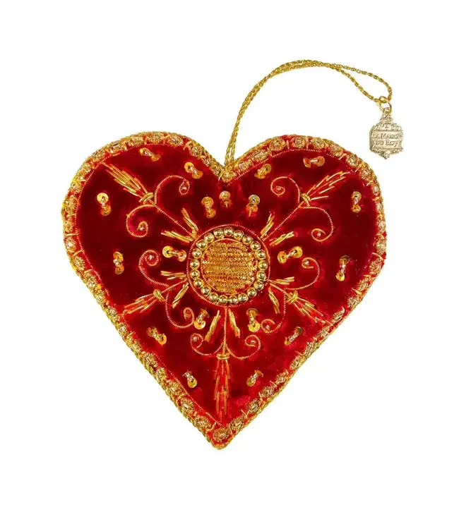 Cayen Collection Hand Embroidered Red Heart  Ornament  with Gold threads