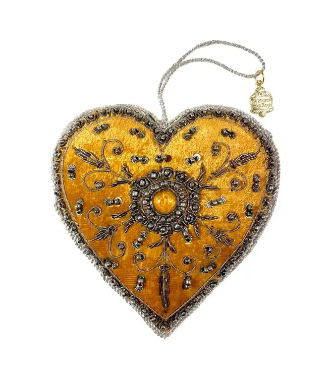Cayen Collection Hand Embroidered Gold Heart  Ornaments with Silver threads and Center Gem