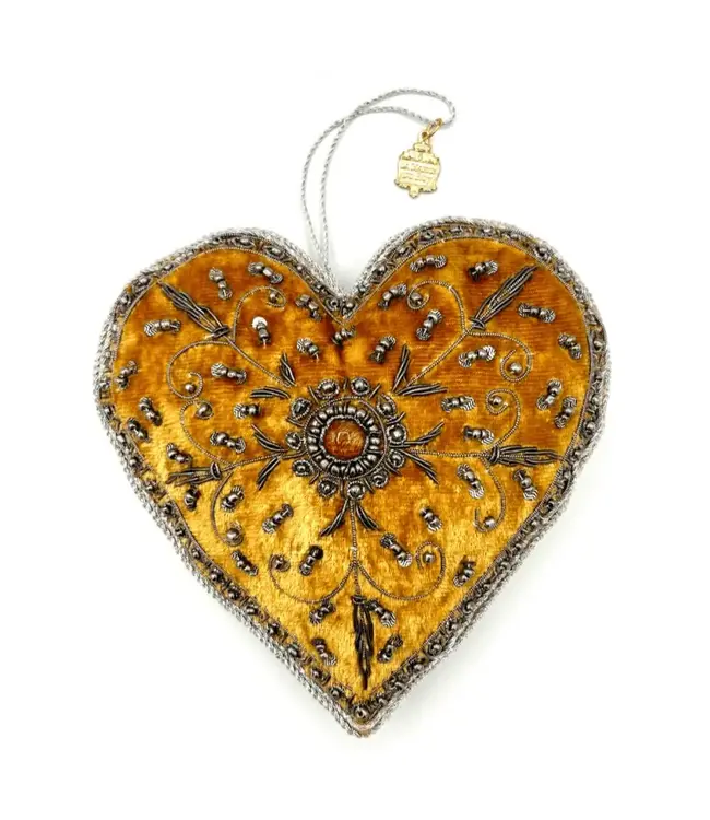 Cayen Collection Hand Embroidered LG Gold Heart  Ornament with Silver threads and Center stone