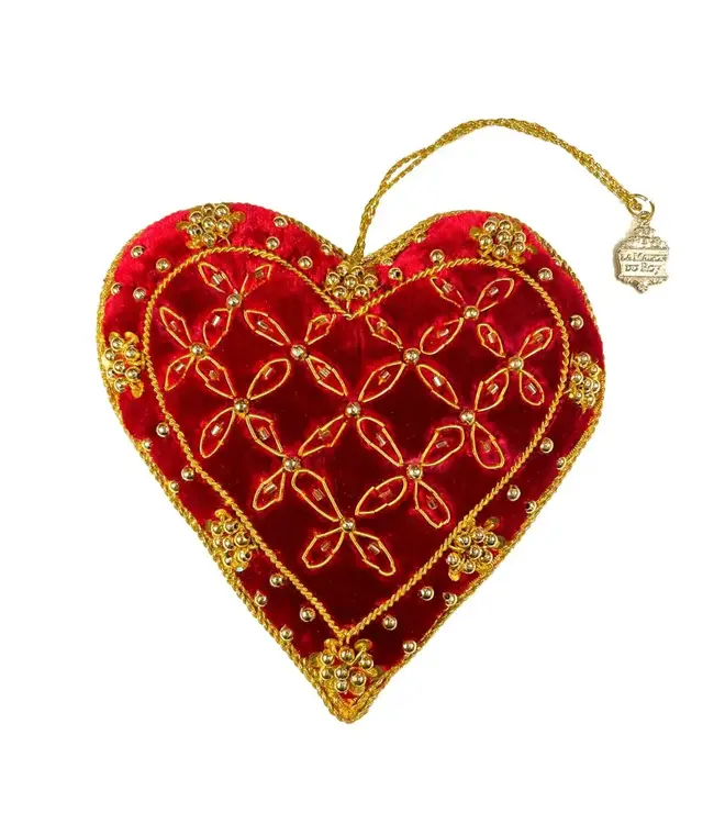 Cayen Collection Hand Embroidered  Red Heart Ornament w Gold Beads