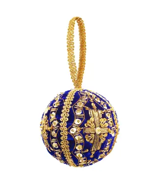 Cayen Collection Embroidered Blue and gold  Ball Ornament with Cross motif
