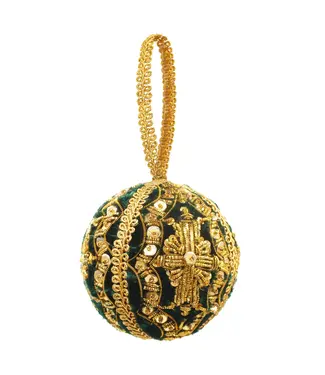 Cayen Collection Embroidered Green and gold Ball Ornament with cross