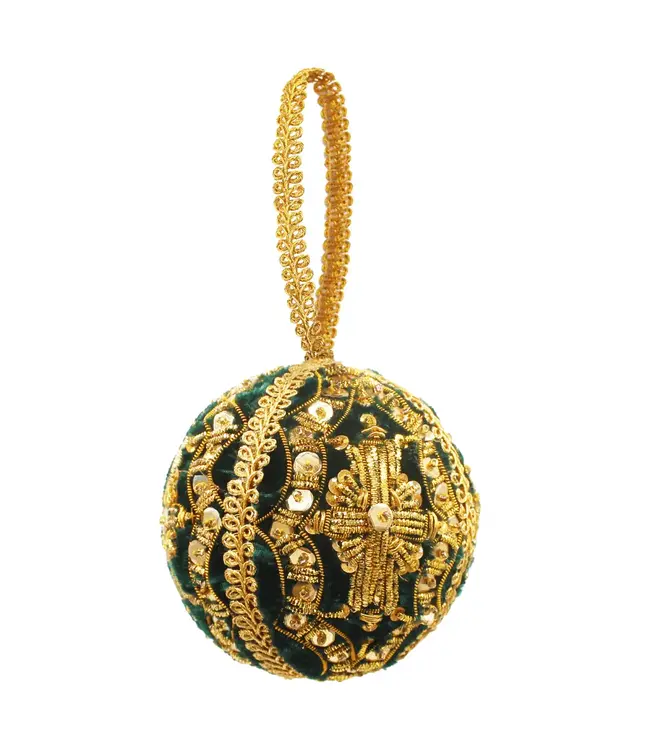 Cayen Collection Embroidered Green and gold  Christmas ball with cross