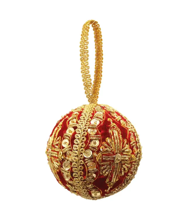 Cayen Collection Embroidered Red and Gold Ball Ornament with Cross