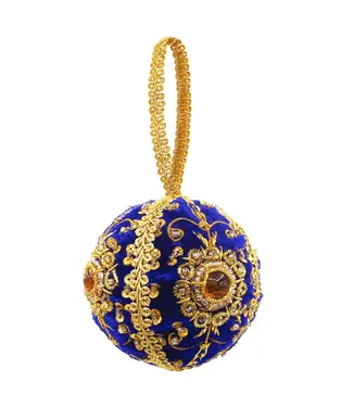 Cayen Collection Embroidered Blue and Gold Ball Ornament