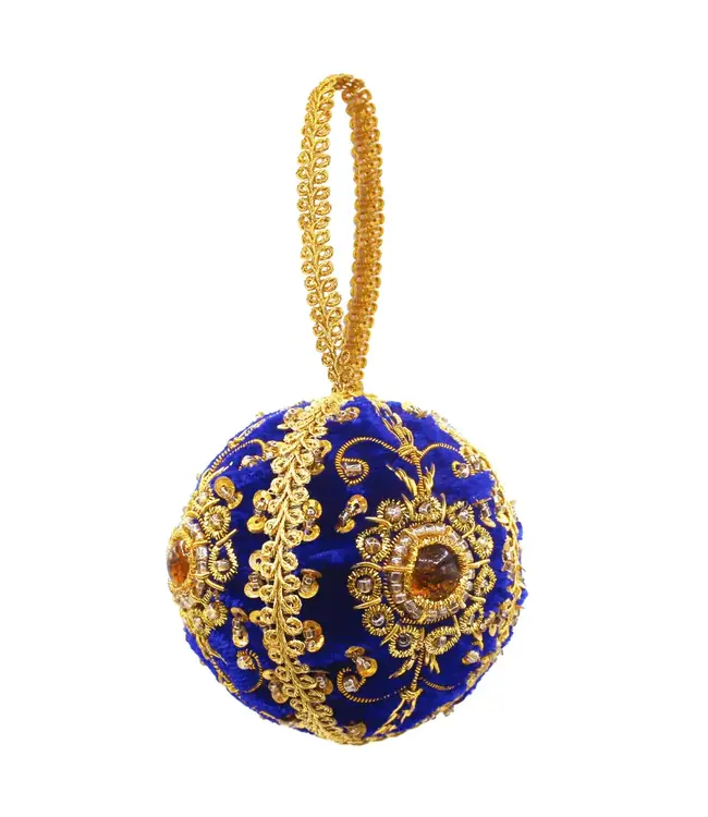 Cayen Collection Embroidered Blue and Gold Ball Ornament