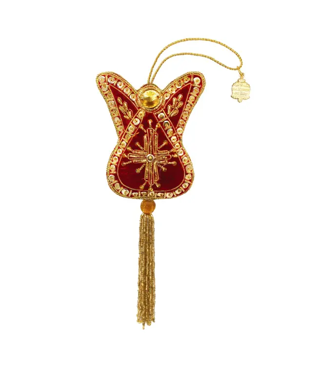 Cayen Collection Embroidered Angel Ornament in Red with Gold Bead Tassel