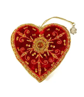 Cayen Collection Hand Embroidered  Heart  Ornament - Red with Golden Threads w Center Crystal Stone