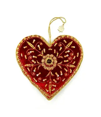 Cayen Collection Hand Embroidered  LG Heart  Red with golden threads -center crystal stone