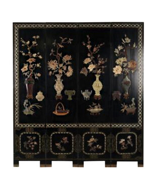 Cayen Collection Floral Jade and Hardstone Inlaid Ebonized  Screen