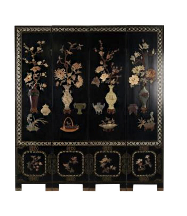Cayen Collection Floral Jade and Hardstone Inlaid and Ebonized Four Panel Screen