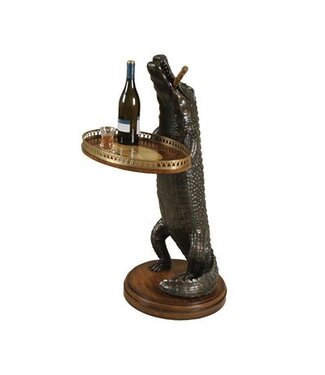 Cayen Collection Verdigris Finished Cast Resin Alligator with Marquetry Tray, Antique Brass Accents