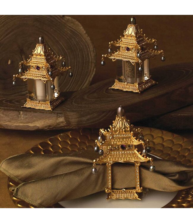 L’Objet Napkin Rings Gold + Freshwater Pearls + Yellow Crystals (Set of 2) Pagoda