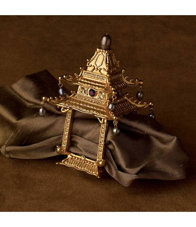 L’Objet Napkin Rings Gold + Freshwater Pearls + Yellow Crystals (Set of 2) Pagoda
