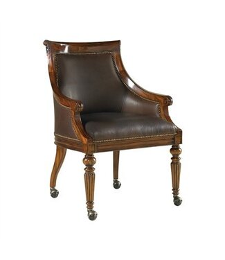 Maitland-Smith Aged Regency Finished Game Chair, Chocolate Leather Upholstery, Brass Tack Accents