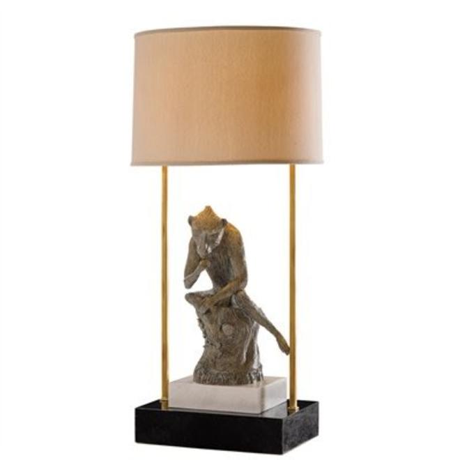 Monkey Antique Limed Finished Cast Brass Table Lamp White Agate And Black Waxstone Base