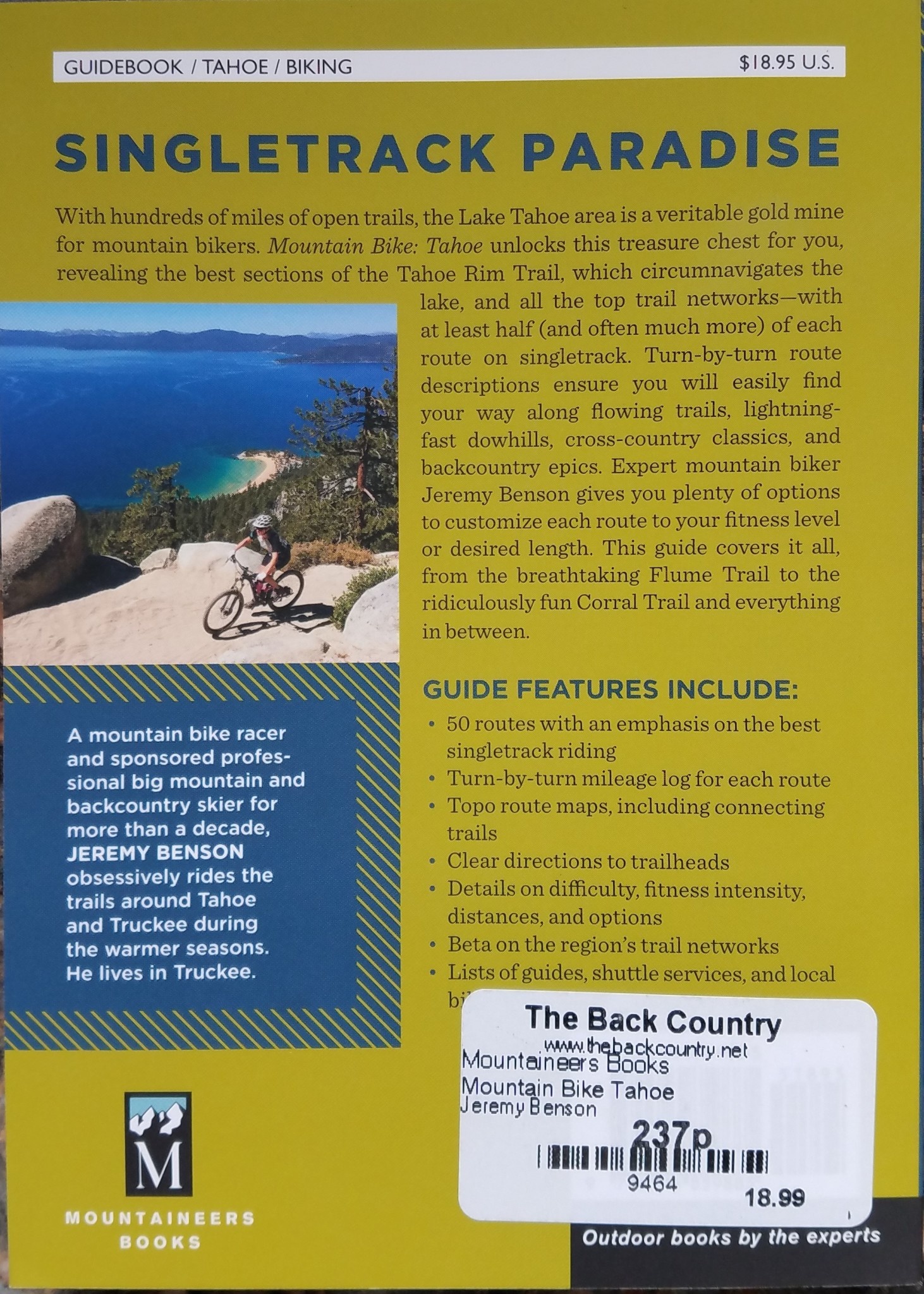 Mountaineers Books Mountain Bike Tahoe 50 Select Singletrack Routes by Jeremy Benson