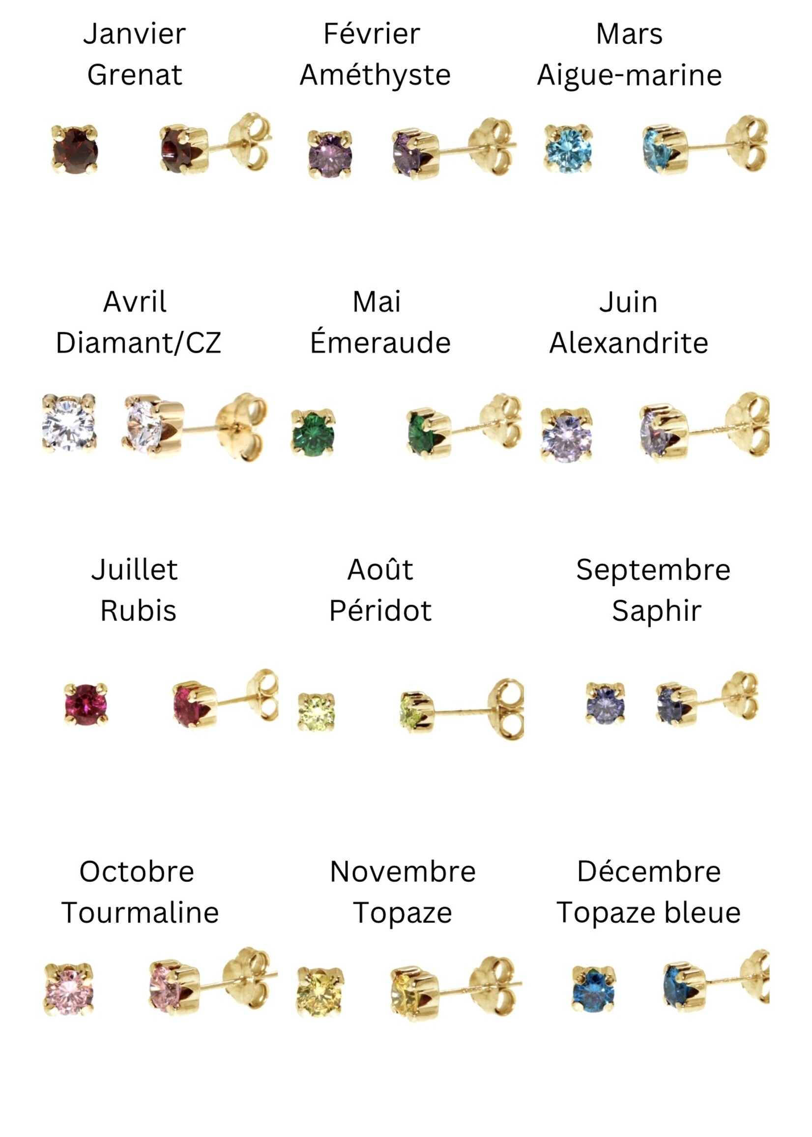 Ensemble boucles d'oreilles et pendentif pierres de naissance Or 10K