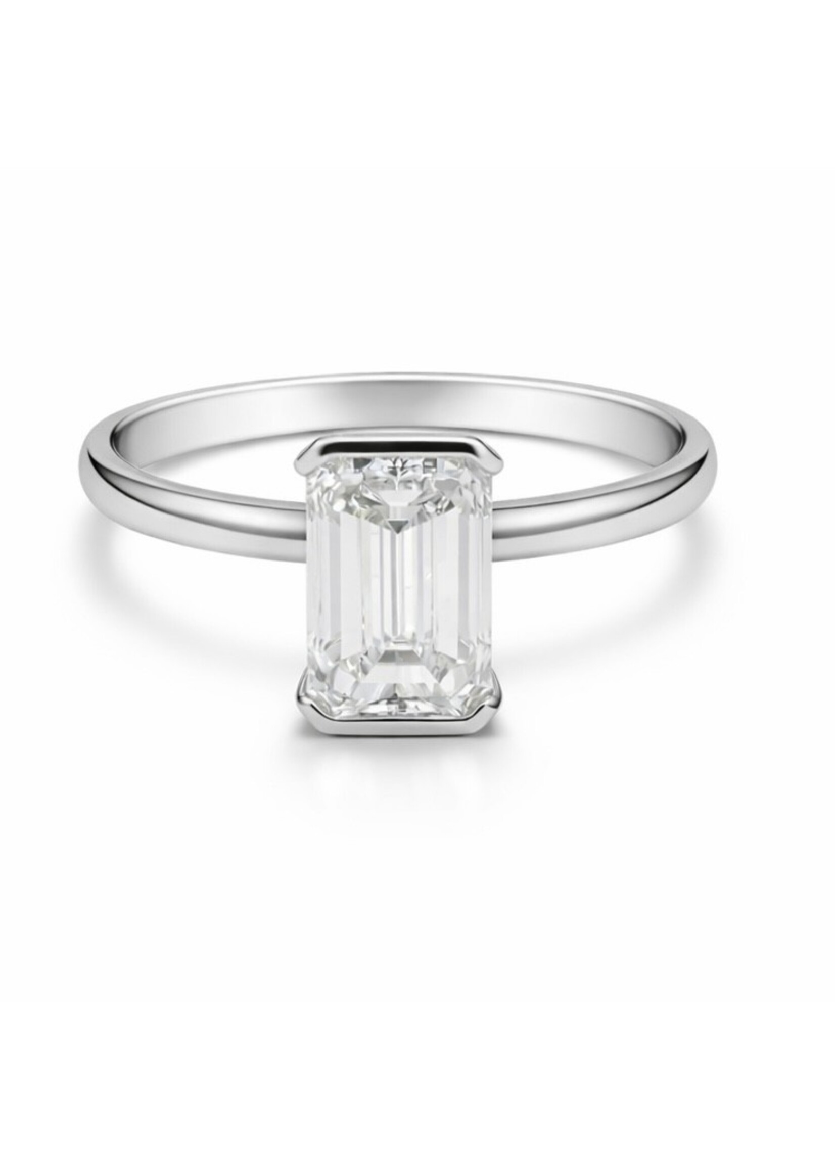 Bague solitaire semi-bezel en Or blanc 14K avec diamant Emerald de 2 carat