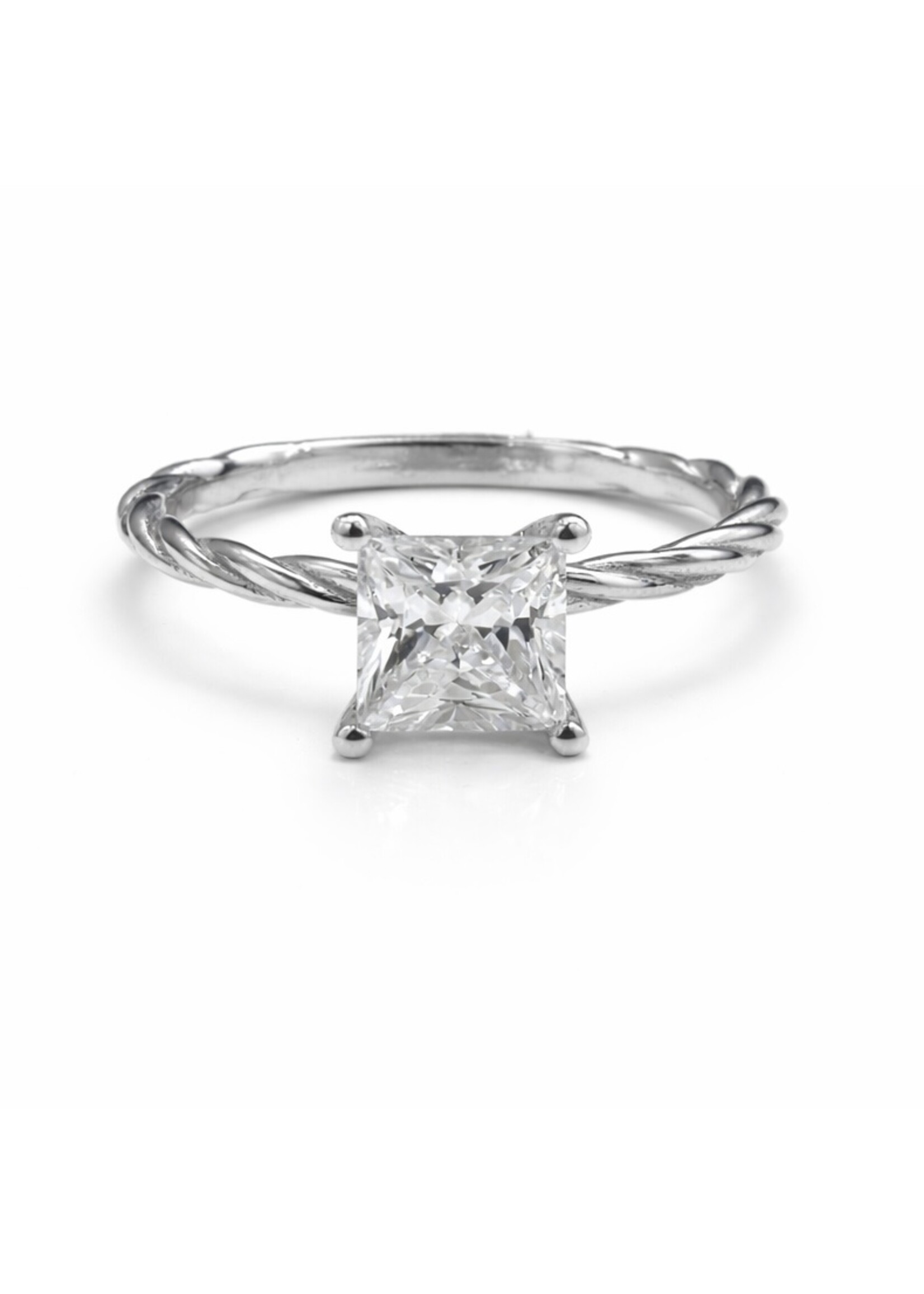 PARÉ Bague torsade solitaire princesse en Or blanc 10K