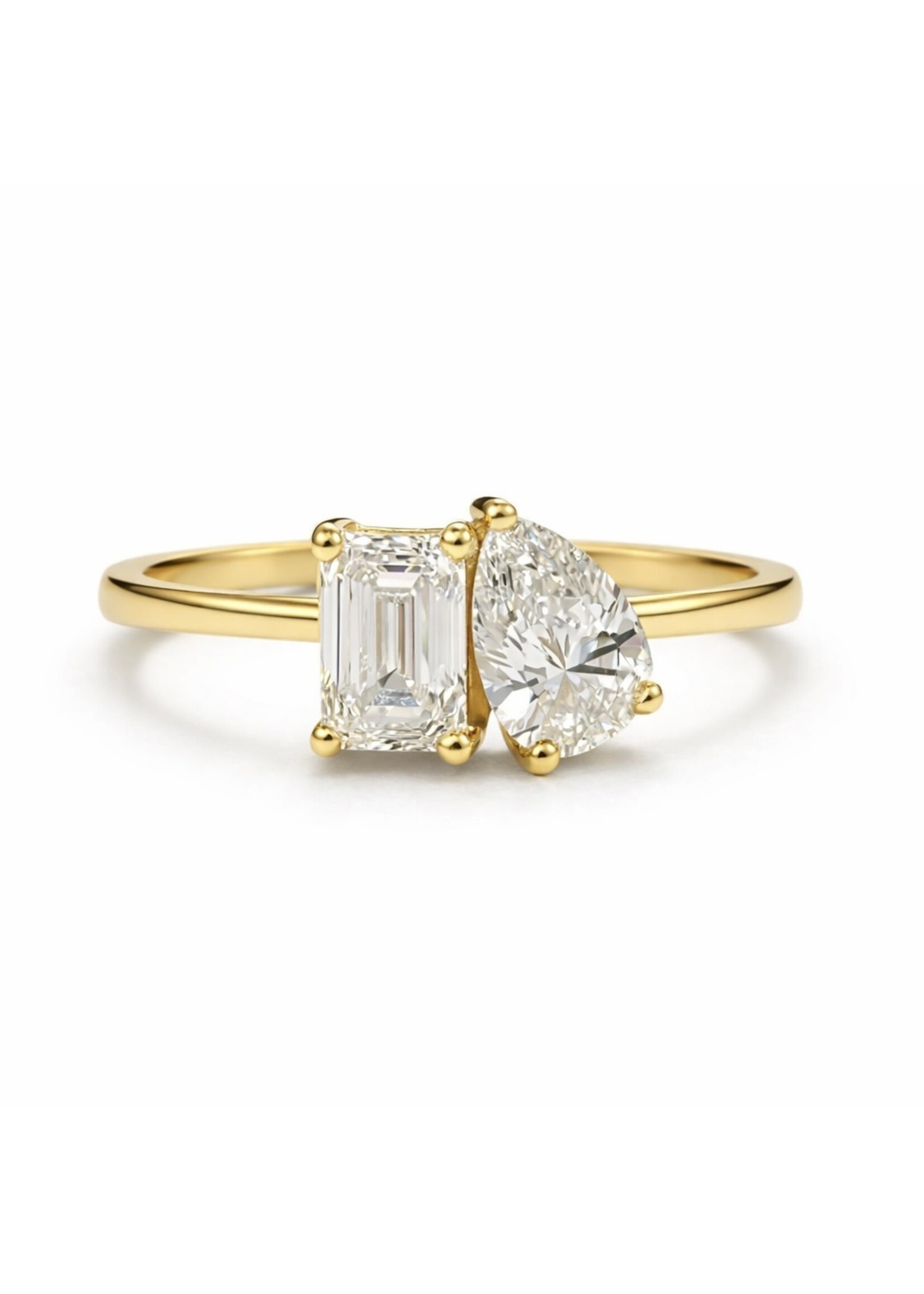 Bague Toi & Moi avec pierre coupe Émeraude et poire en Or 14K