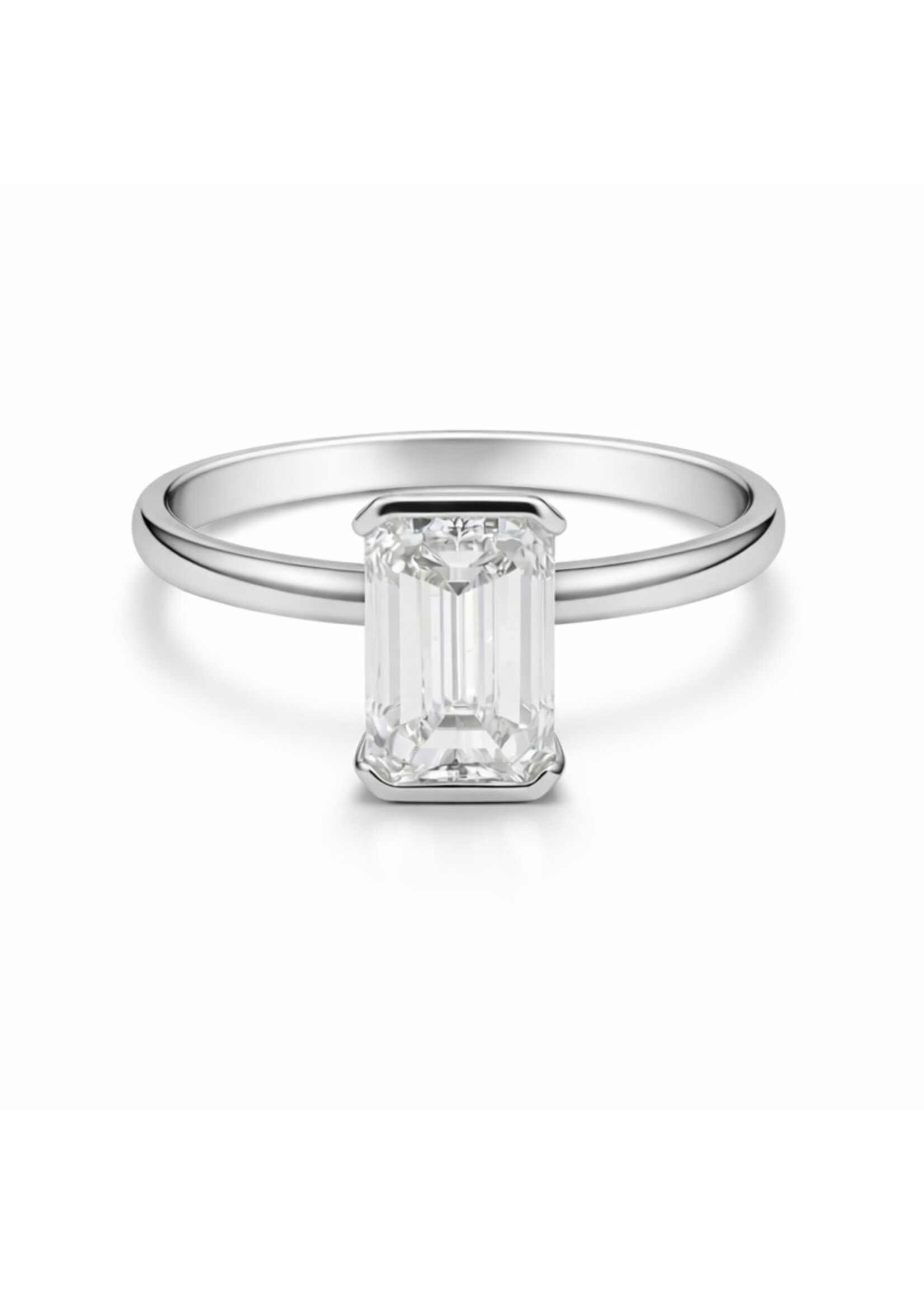 Bague solitaire semi-bezel en Or blanc 14K avec diamant Emerald de 2 carat