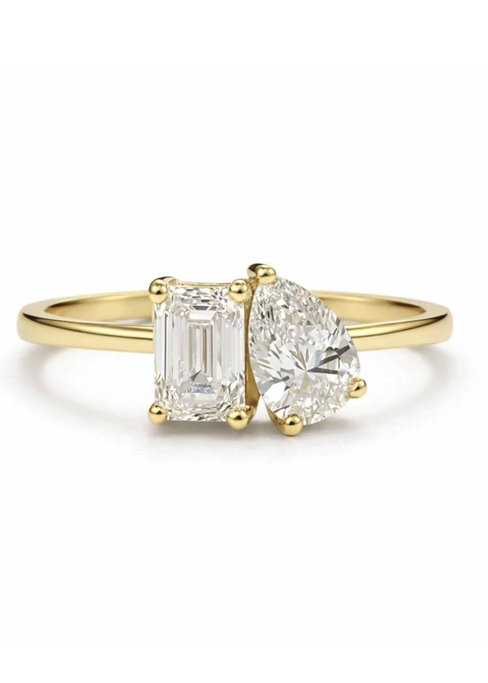 Bague Toi & Moi avec pierre coupe Émeraude et poire en Or 14K