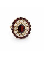 Bague vintage  style «Cluster» en or 14K avec grenats et perles naturelles - seconde main