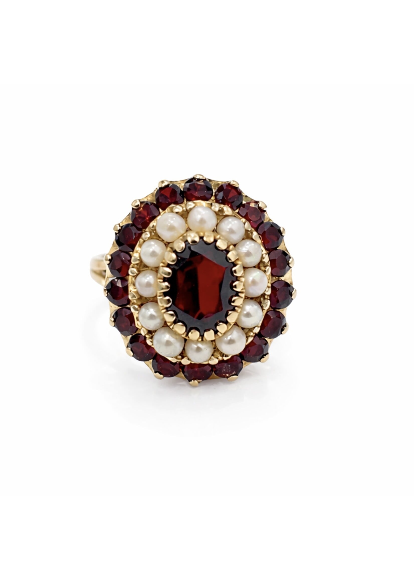 Bague vintage  style «Cluster» en or 14K avec grenats et perles naturelles  - seconde main