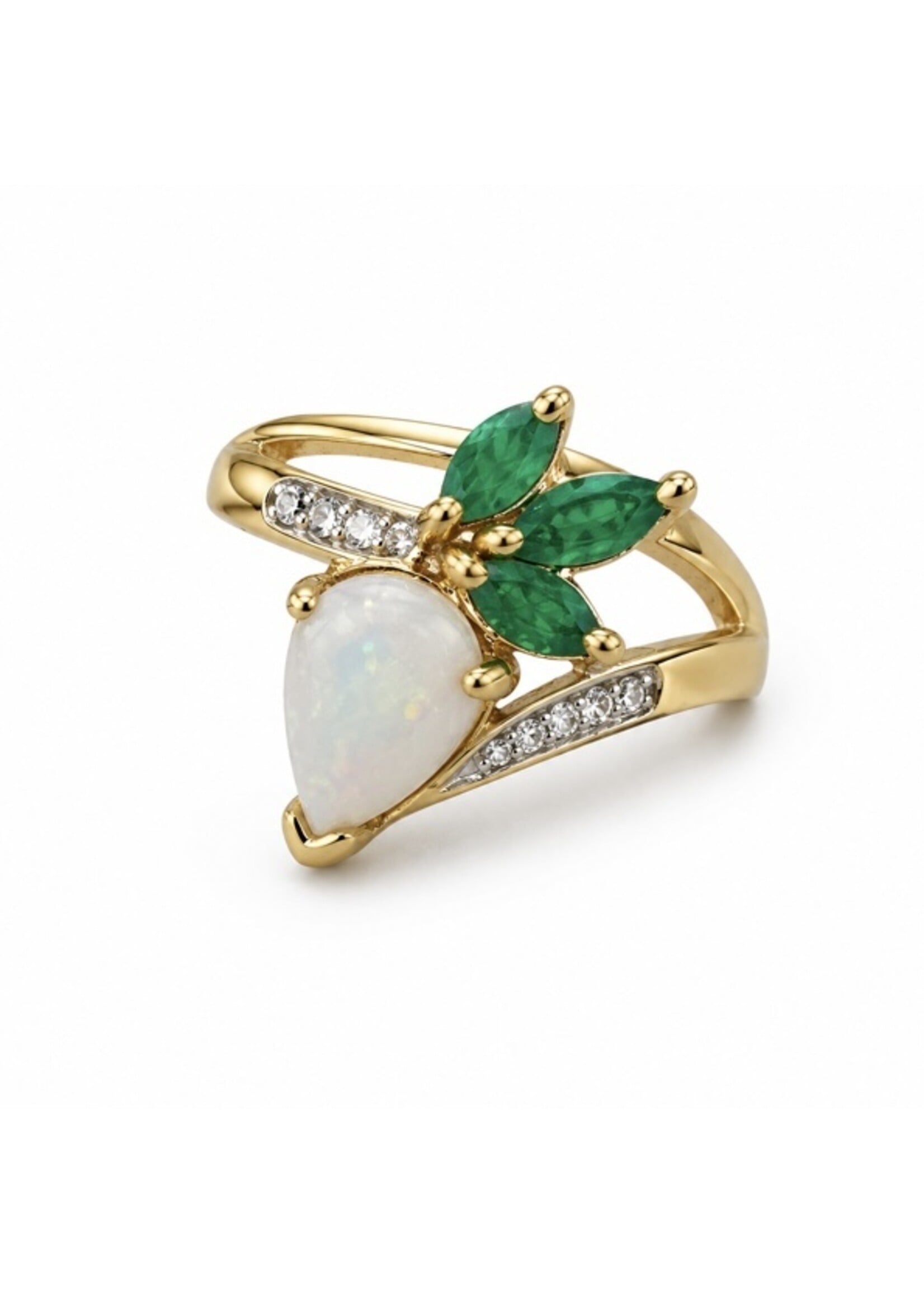 Bague en or 10K avec opale poire, émeraudes et diamants naturels - seconde main
