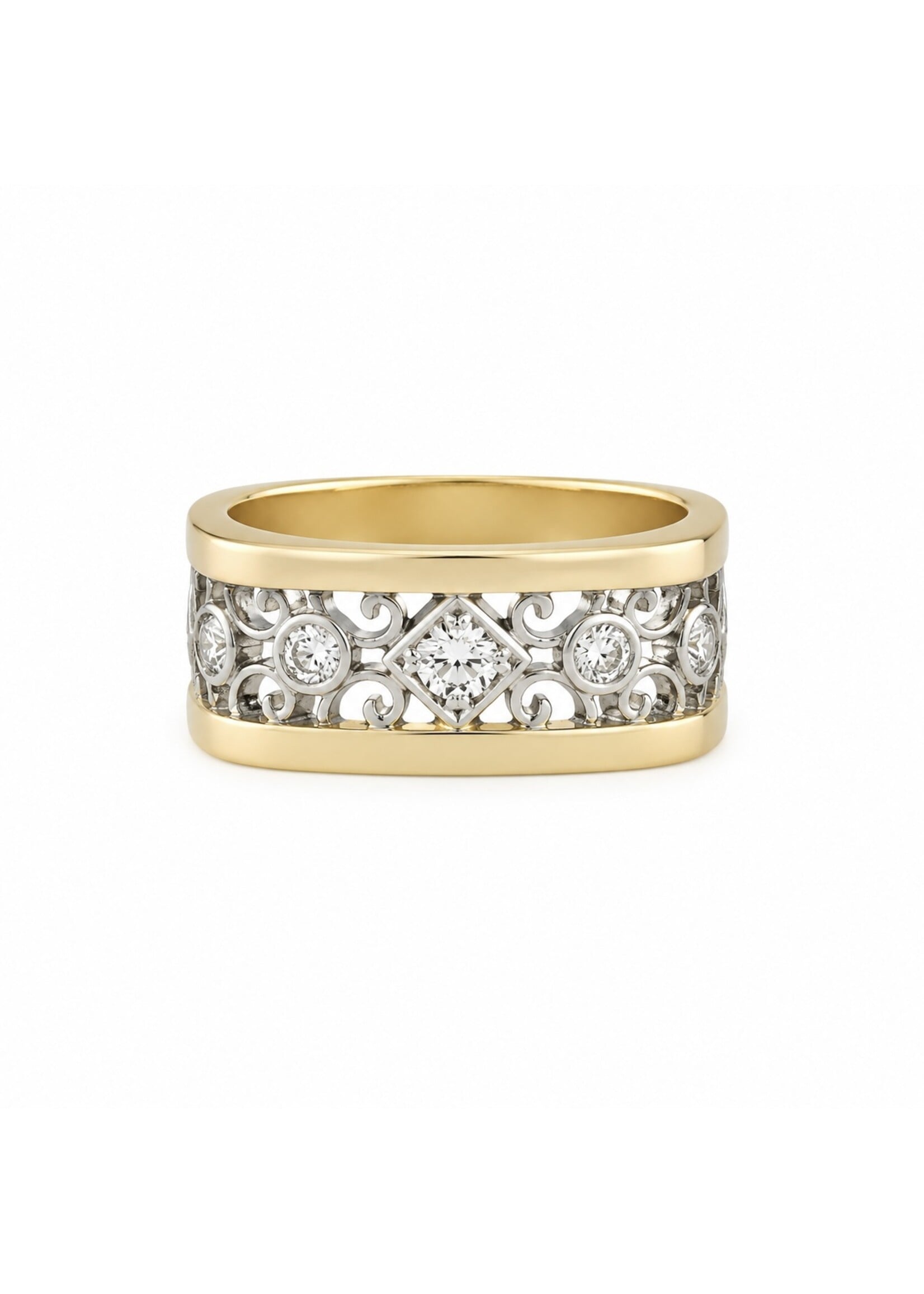 Bague large en or 14K avec fioritures et diamants naturels - seconde main