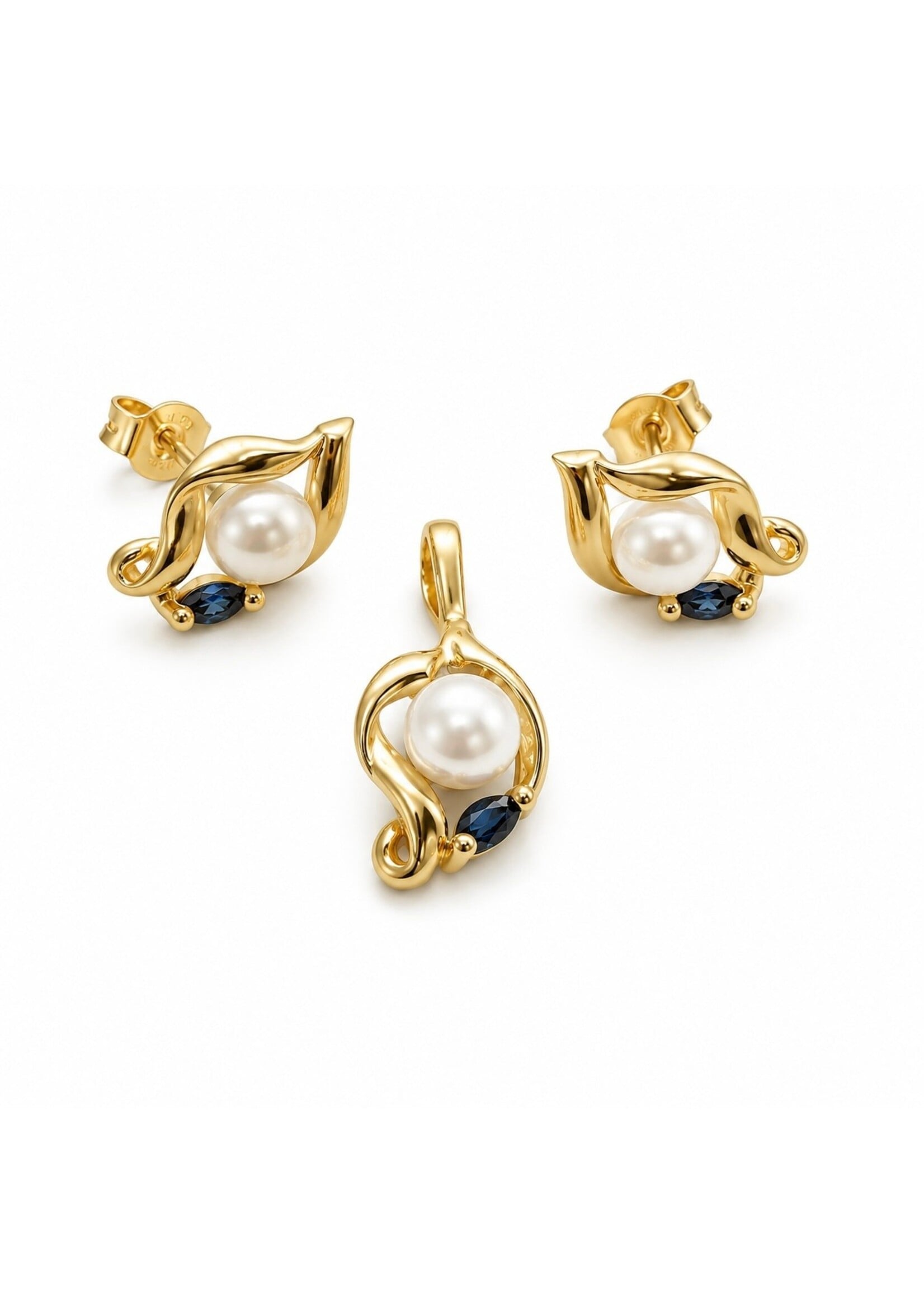 Ensemble Boucles d'oreilles et Pendentif en Or 10K avec saphirs et perles naturelles
