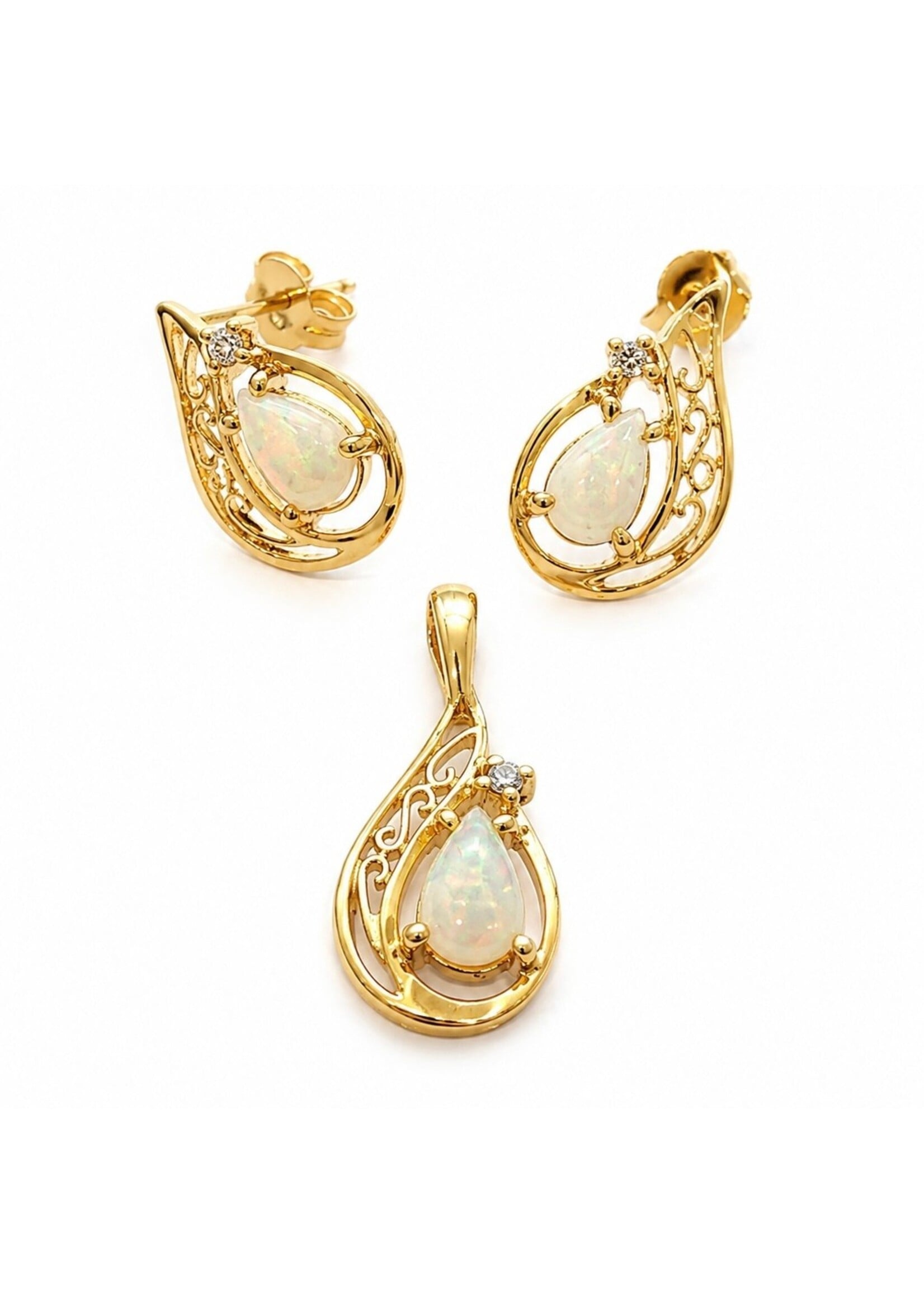 Ensemble Boucles d'oreilles et Pendentif en Or 10K avec opales et diamants naturels - seconde main