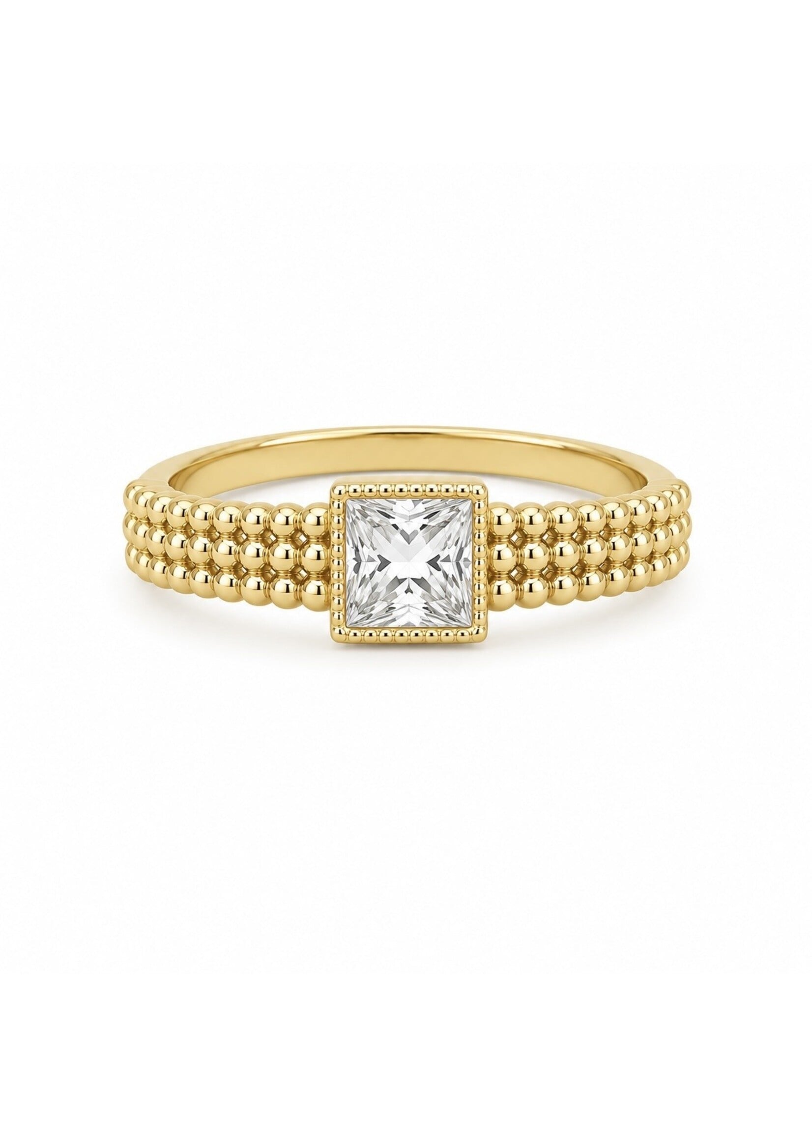 PARÉ Bague solitaire princesse anneau perlé en Or 10K