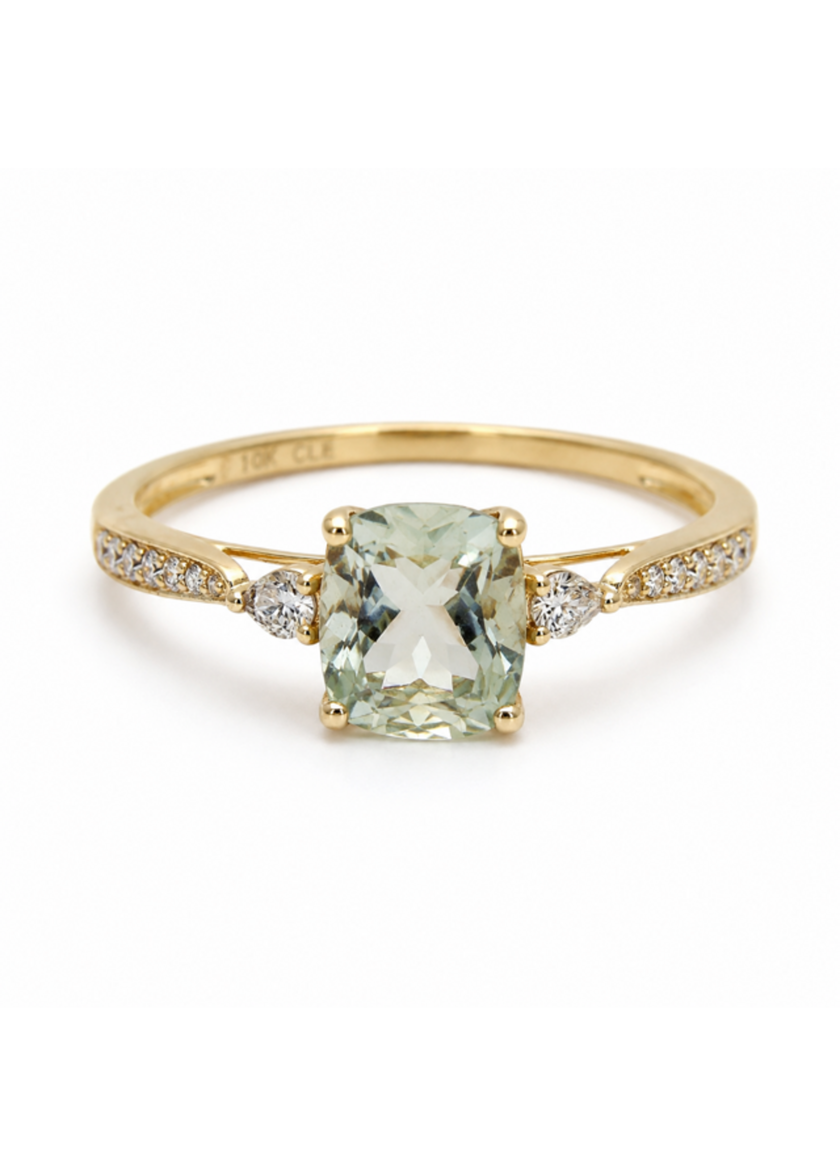 Bague Solitaire pavé avec Cushion Quartz mint et diamants et Or  10KY