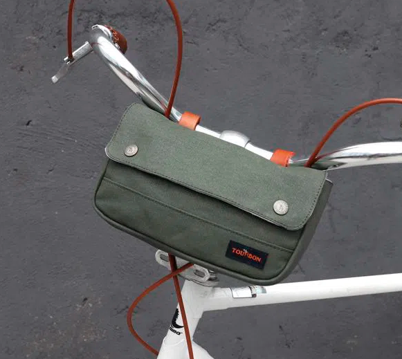 Sacochette De Guidon Vélo étanche Tourbon - Taille Medium, Couleur Verte - En Toile Et Cuir, Avec Sangle D'épaule