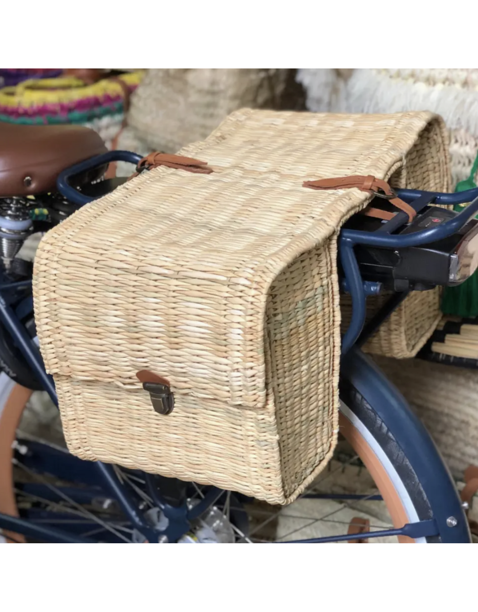 Handmade Double Bicycle Basket in Natural Wicker