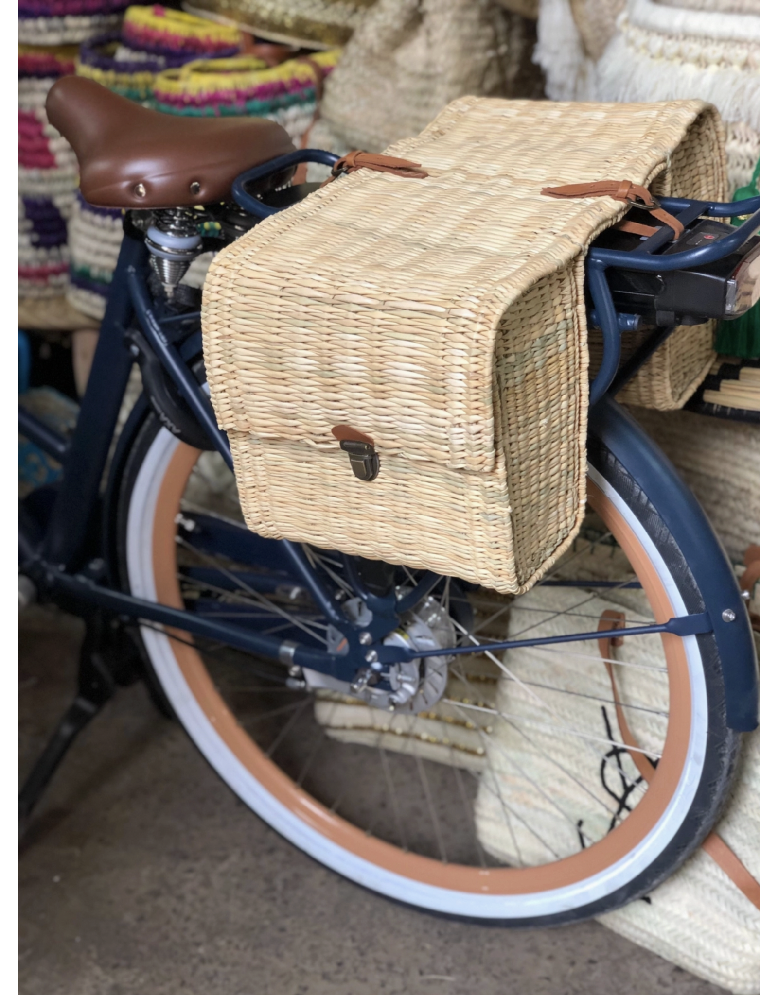 Handmade Double Bicycle Basket in Natural Wicker