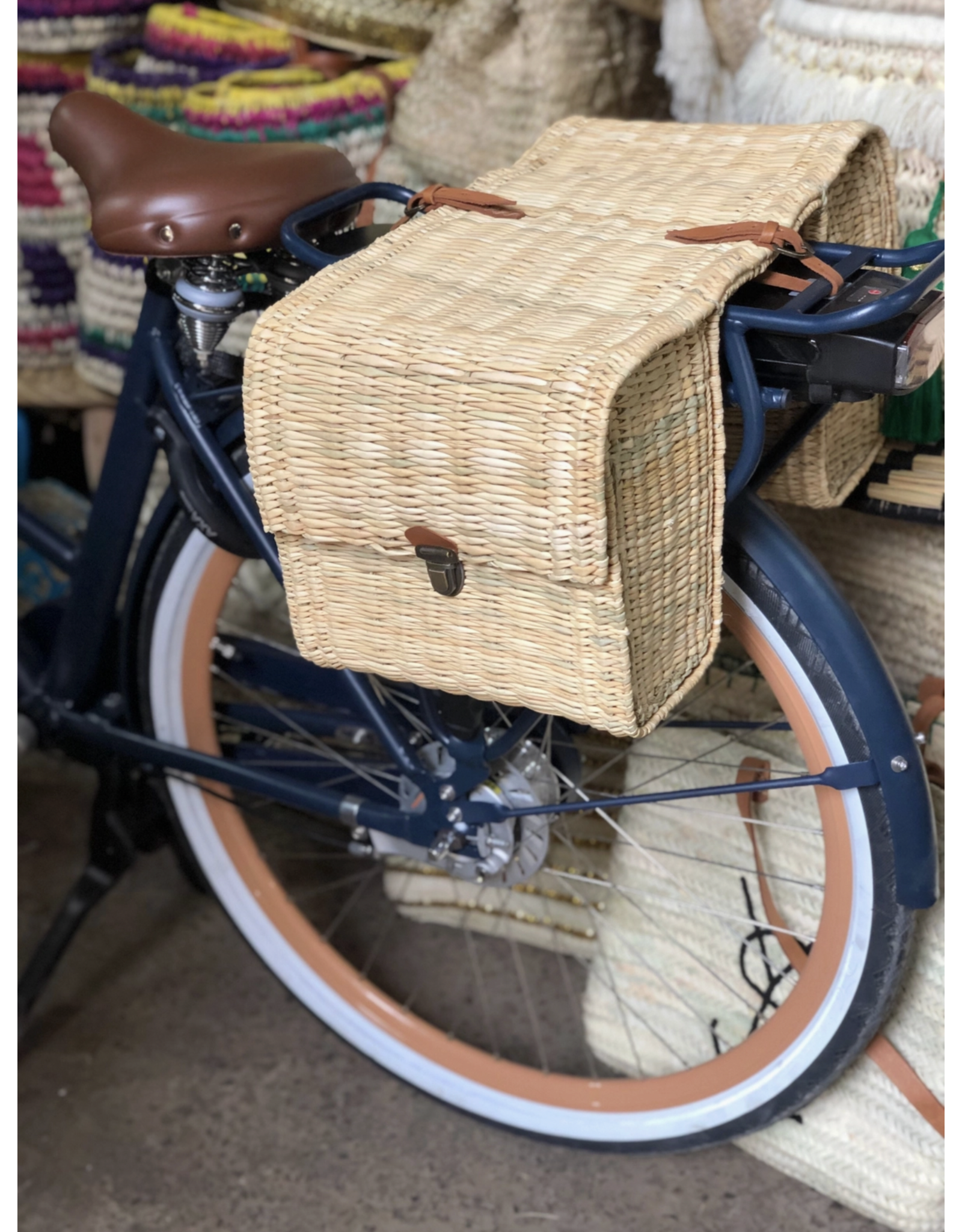 Handmade Double Bicycle Basket in Natural Wicker