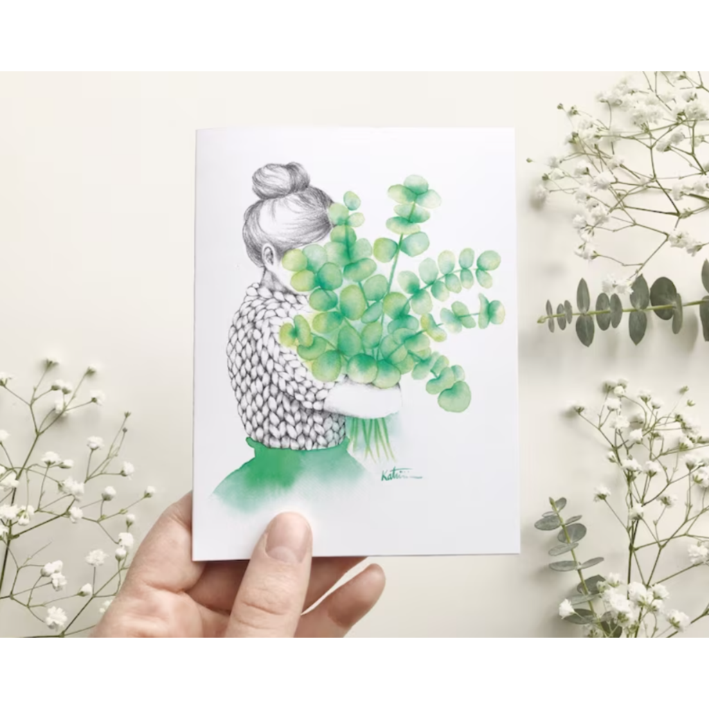 KatrinnIllustration Carte - Fille bouquet d'eucalyptus