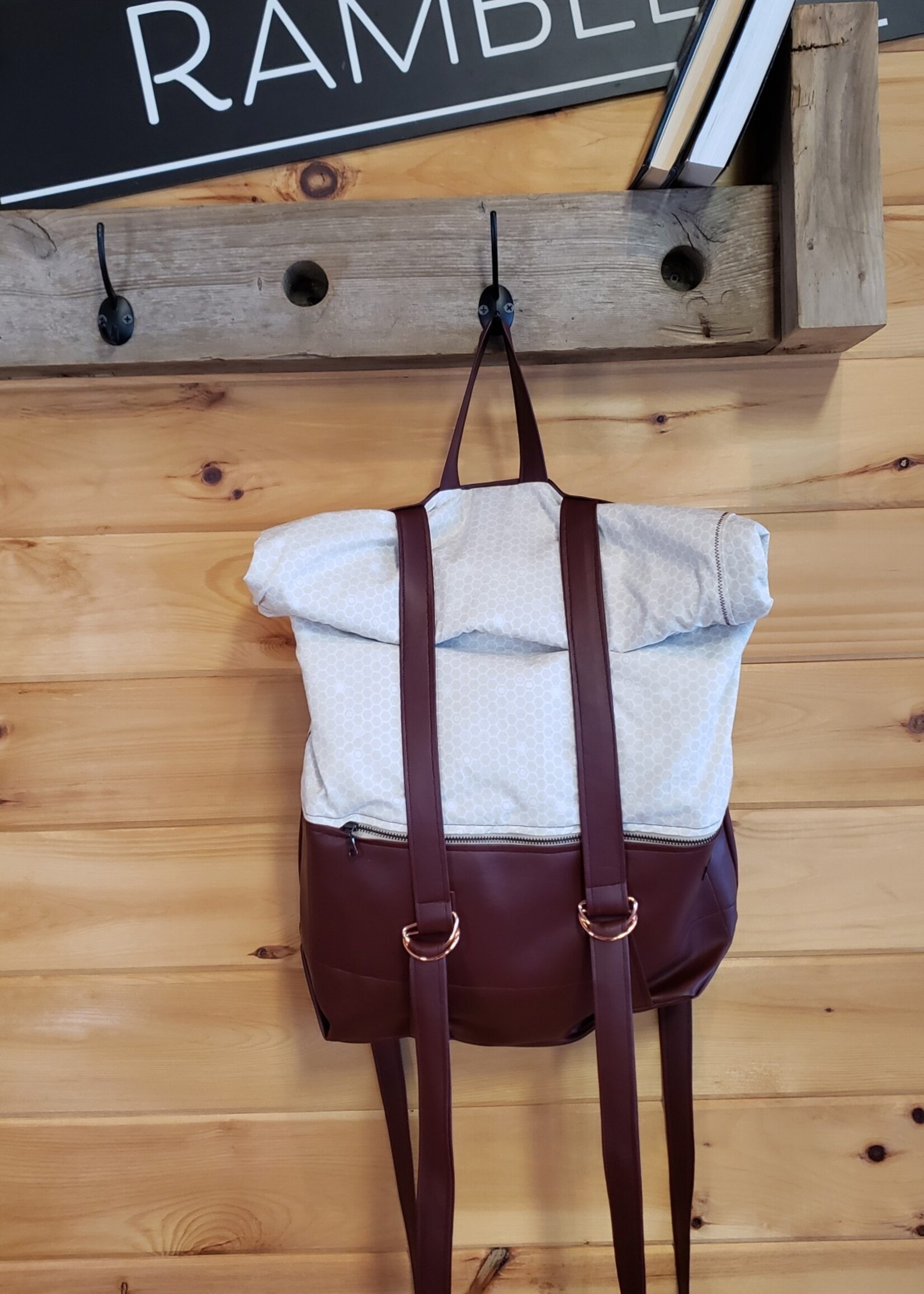 Ramble Rucksack - Cream Honeycomb Rucksack Lined in Cream, Wine Vinyl, Rose Gold Accents