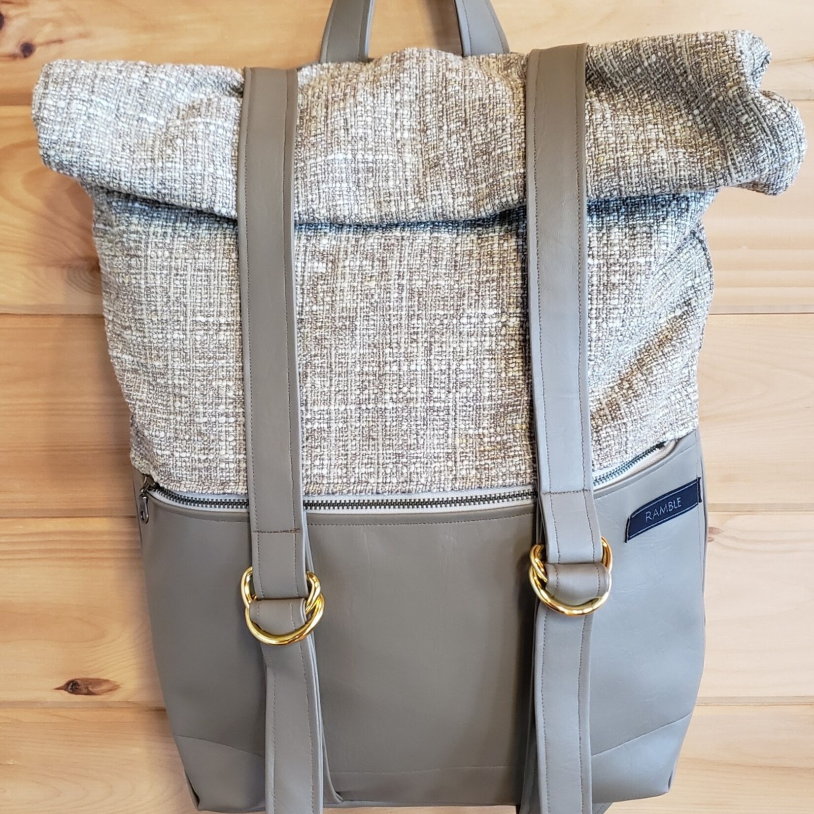 Ramble Rucksack - Neutral Toned Cream and Light Brown Rucksack Lined in Sand, Tan Vinyl, Brass Accents