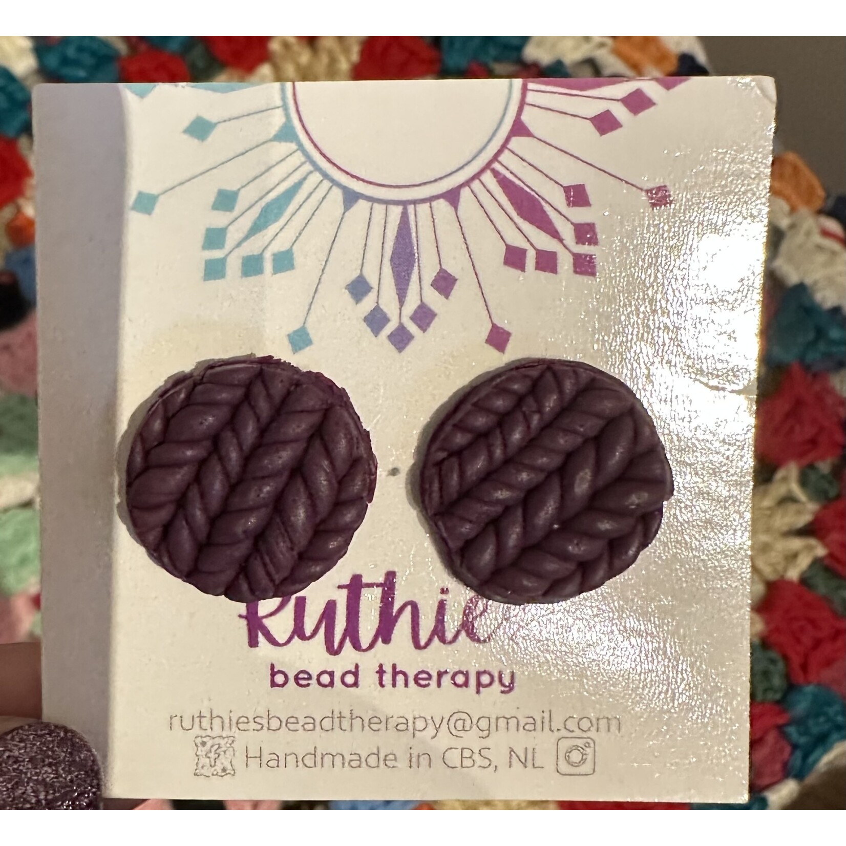 Ruthies Bead Therapy - Purple Knitted Studs #13, large - Earrings