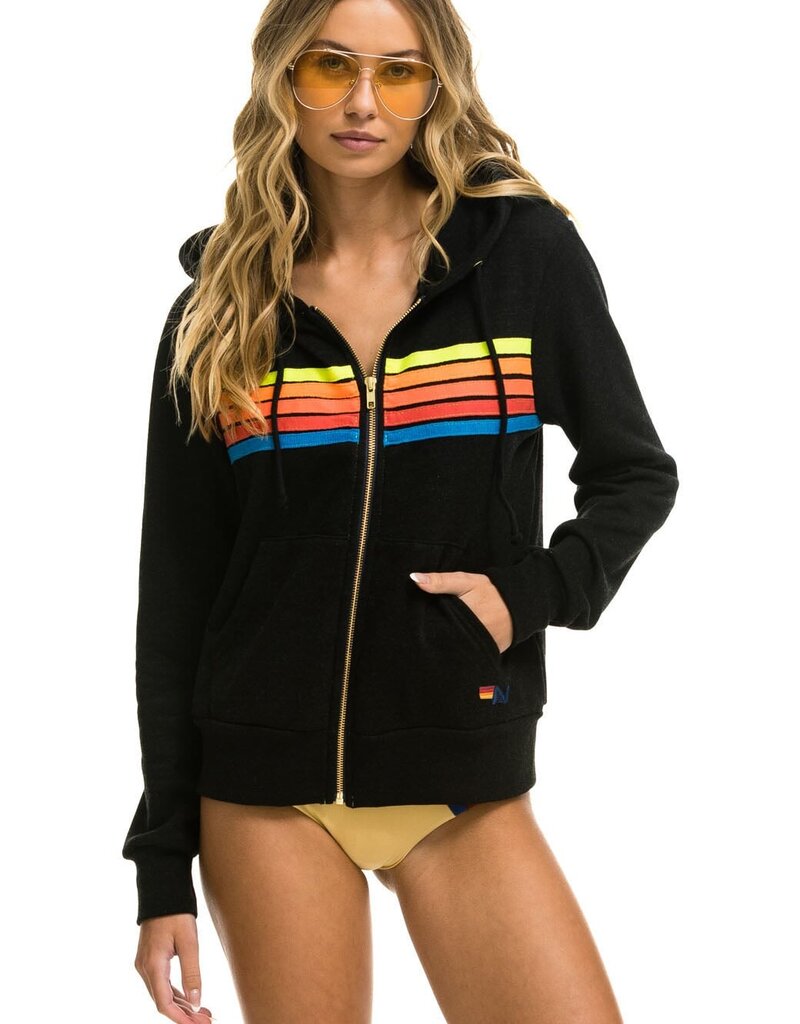 Aviator Nation 5 Stripe Relaxed Zip Hoodie - Black/Neon Rainbow