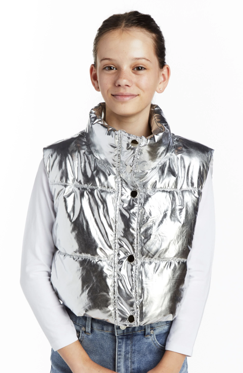 tractr Metallic Cropped Puffer Vest Silver Skipper Scout