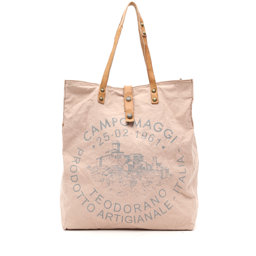 Campomaggi Fabric and leather shopper. (C1389 TEVL). Light pink + Natural + Grey print Campomaggi Fabric and leather shopper. (C1389 TEVL). Light pink + Natural + Grey print