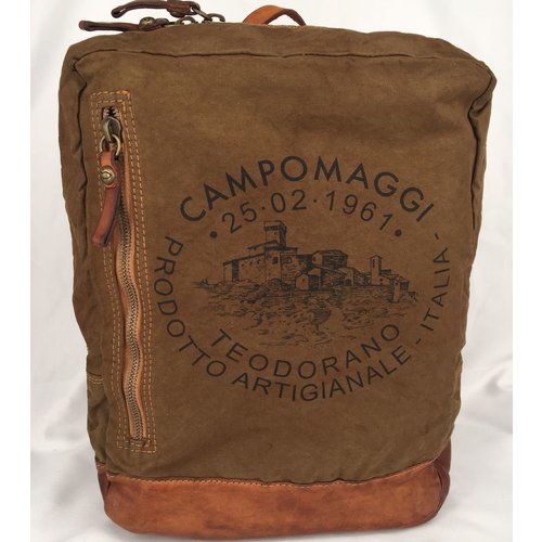 Campomaggi Fabric and leather backpack. 80% cotton 20% cow. Military + cognac stained + black print Campomaggi Fabric and leather backpack. 80% cotton 20% cow. Military + cognac stained + black print