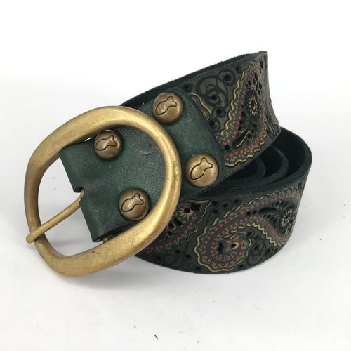 Campomaggi 100% genuine leather belt with lazer cut pattern. Green Bottle. Size 90. Campomaggi 100% genuine leather belt with lazer cut pattern. Green Bottle. Size 90.