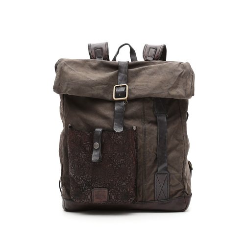 Campomaggi Fabric and Leather Backpack. Line IPERICO. Military + Cognac Stained. Campomaggi Fabric and Leather Backpack. Line IPERICO. Military + Cognac Stained.